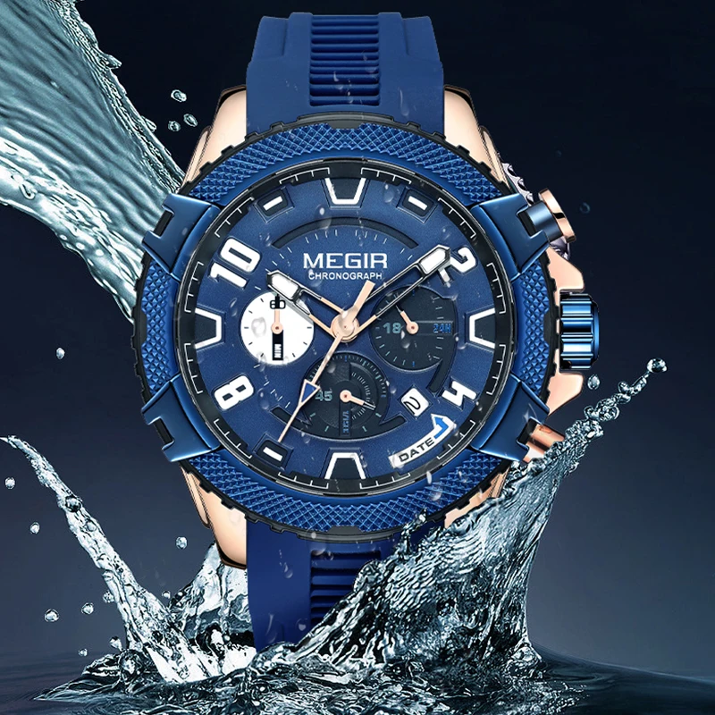 MEGIR Fashion Mens Watches Calendar Chronograph Waterproof Wristwatch Black Silicone Strap Sport Quartz Watch
