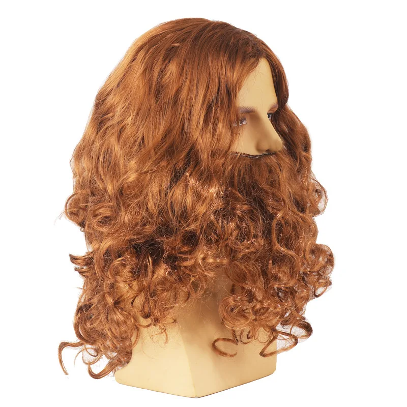 Christmas Jesus Wig Costume Props Long Curled Wig Funny Brown Wig And Beard Set Cosplay Props Brown Wig Headgear 2-piece Set New