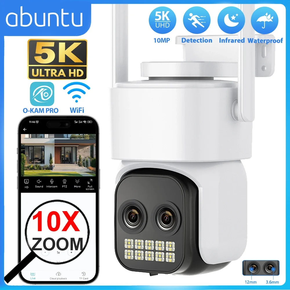 

10MP 5K PTZ Wi-Fi камера 10-кратный гибридный зум уличная камера наблюдения двойной объектив 3,6 мм + 12 мм обнаружение человека O-KAM PRO Security CAM