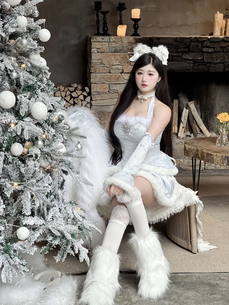 Vestido Cosplay de Natal, Vestidos Princesa, Atmosfera de inverno, Estilo Coquette, Branco