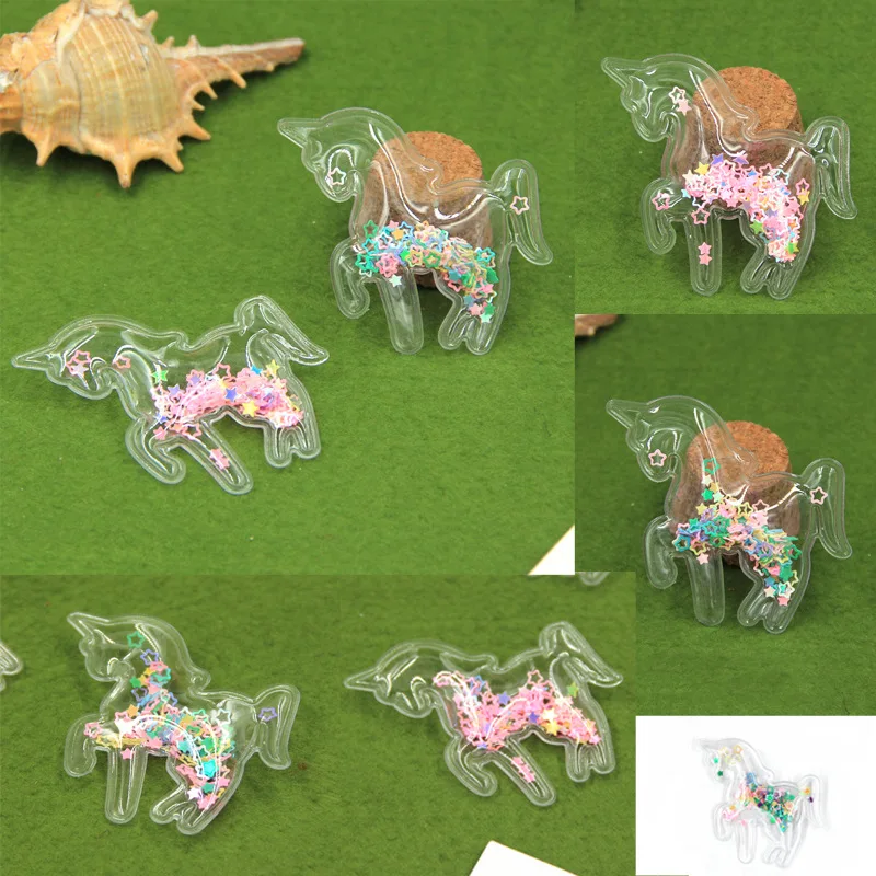 Clear Quicksand Unicorn Resin Cabochons, Confetti Horse Charms for DIY Hairclip Phone Case Crafts