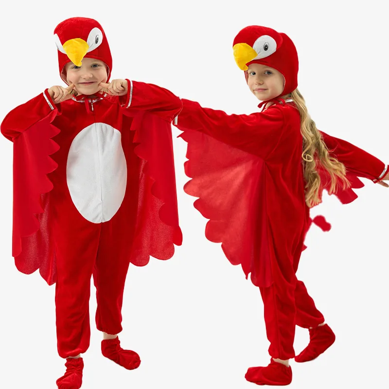 Kids Parrot Costume in Red & Blue, Velvet Animal Dress for Stage Performance - Image 2