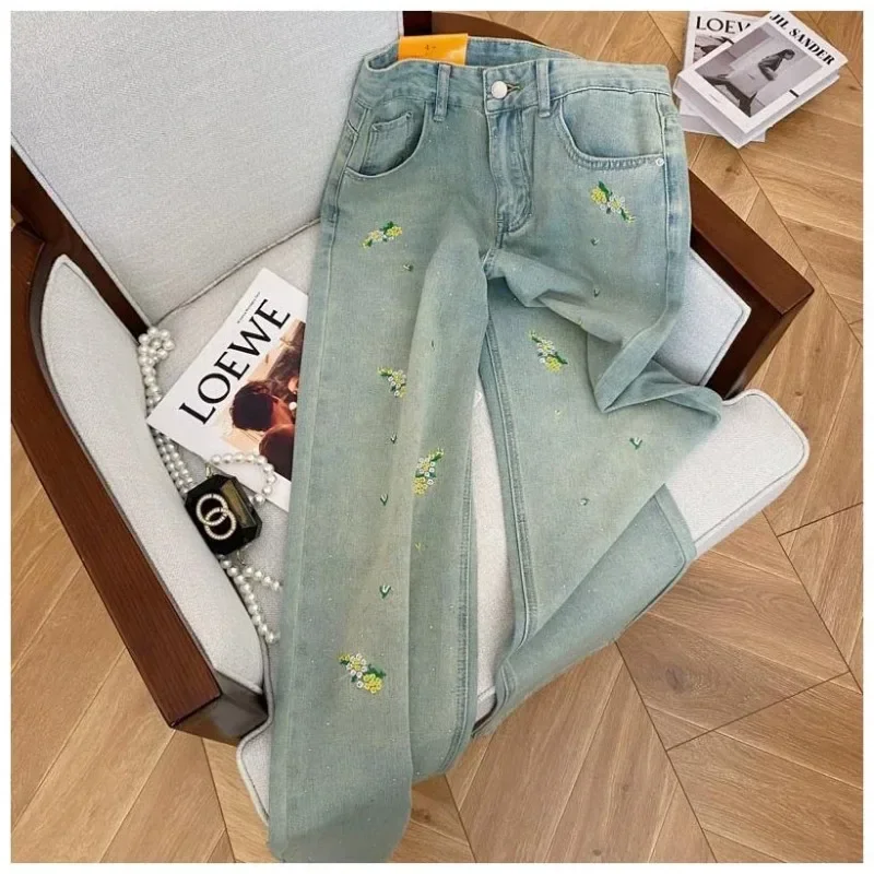 Heavy Industry Hot Drilling Floral Embroidery Jeans Women 2024 Spring and Summer National Sle Design High-Grade All-Match S...