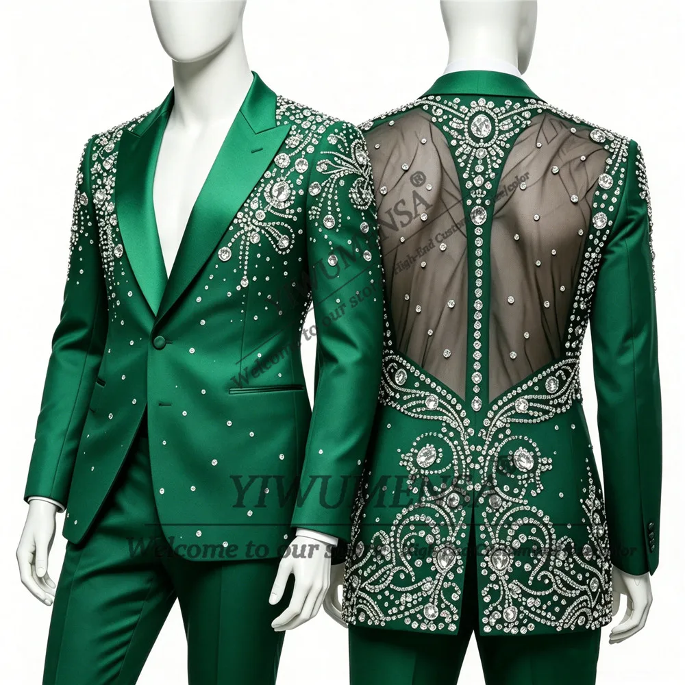 Exclusive Design Suit Men 2 Pieces Sets Beaded Rhinestones Illusion Tulle Jacket Pants Customized Groom Wedding Tuxedos Slim Fit