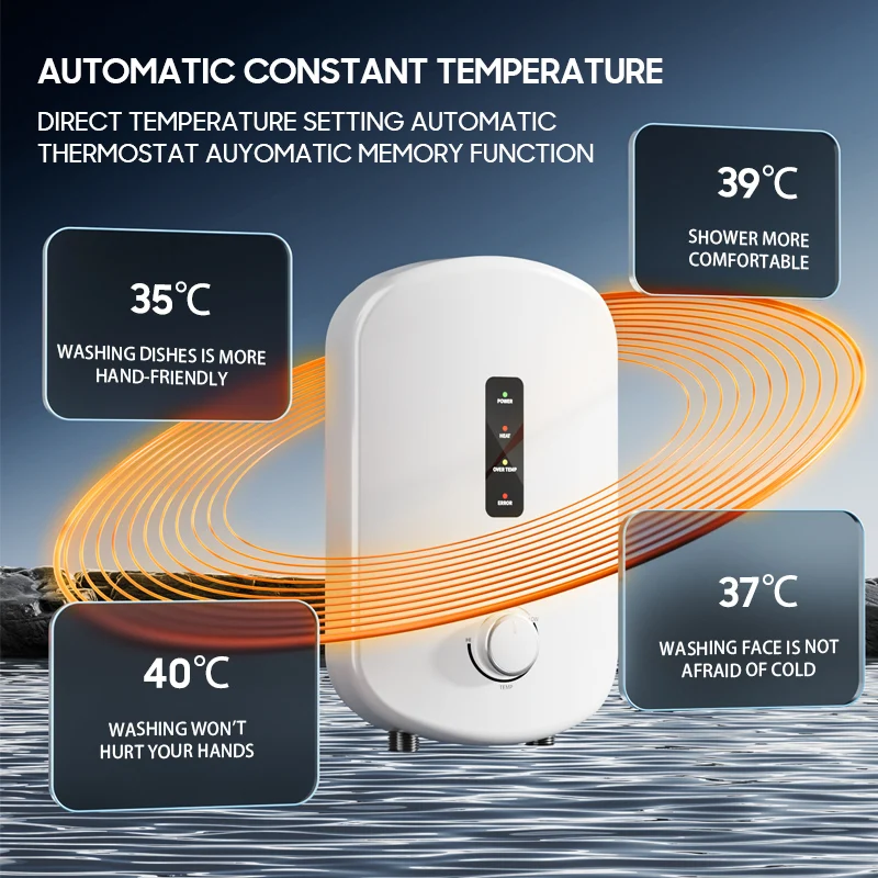 Mini geyser termostático instantâneo elétrico, 5500w, plástico, sem tanque, aquecedor de água quente para cozinha, rv, uso doméstico ao ar livre