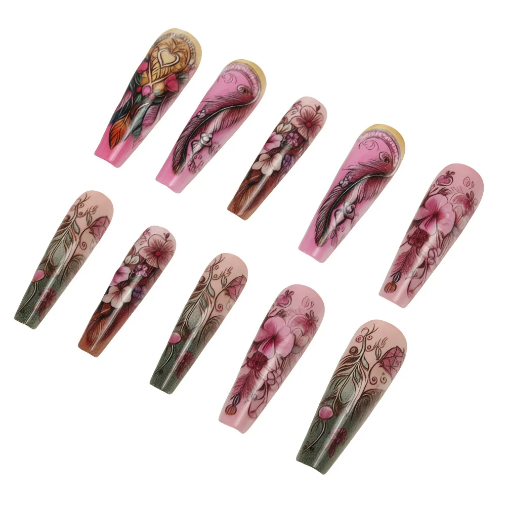 24 قطعة مجموعة متوسطة طويلة أظافر الباليه نصائح اضغط على الأظافر كاذبة مع القلب الوردي زهر الكرز الأزرق الأخضر الأرجواني زهرة ريشة نصائح