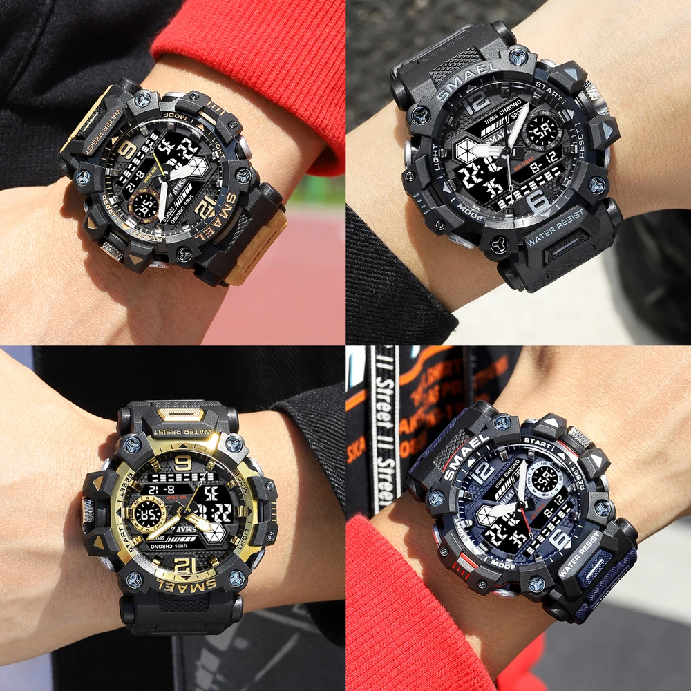 SMAEL Brand Outdoor Sport Men\'s Watch Digital-Analog Dual Display Quartz Waterproof Wristwatches for Male Clock Youth Stopwatch