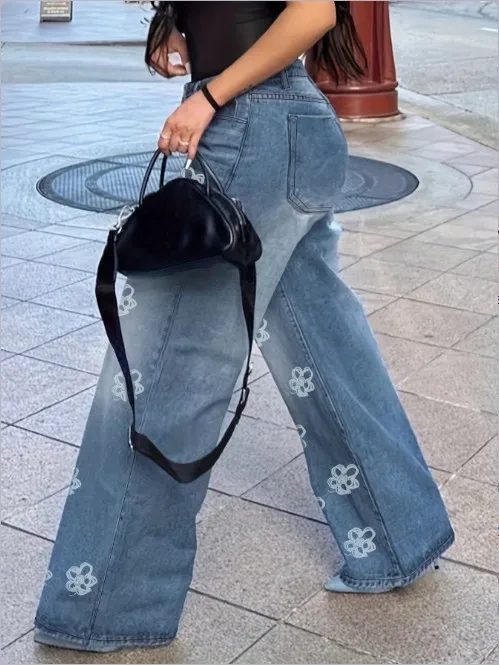 

Women's Denim Pants Early Autumn Loose Jeans Floral Print Straight Leg Casual Pants Street Fashion Retro Loose Pants