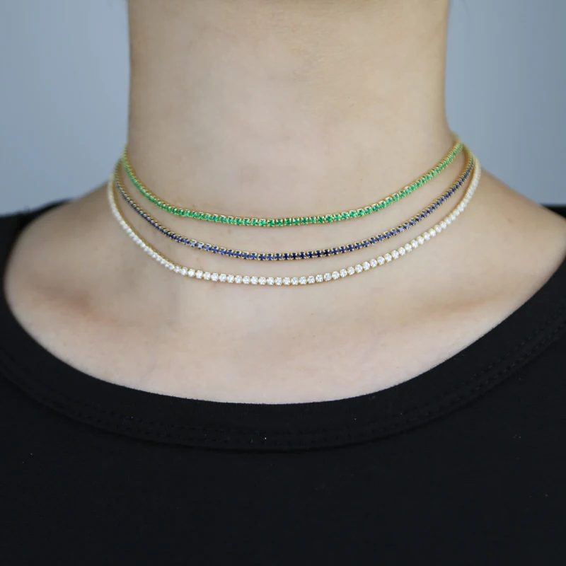3 Colors 2mm Rainbuw Cz Necklace Red Shiny Cz Tennis Chain Choker Jewelry Micro Pave Gold Silver Color Fancy Women Jewelry