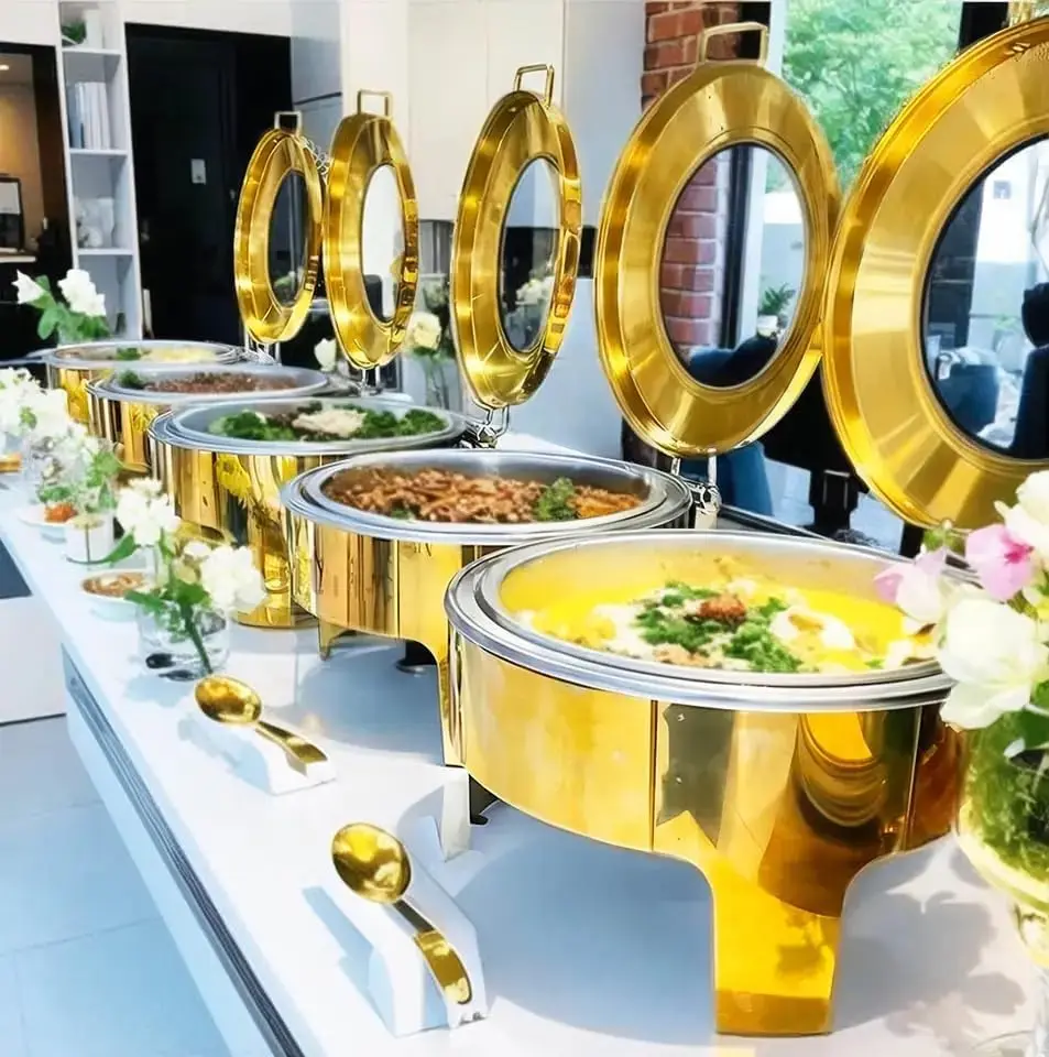 Gold 6L Stainless Steel Round Big Glass Window Royal Modern Luxury Chafing Dish Buffet Warmer & Server Alcohol Fuelled