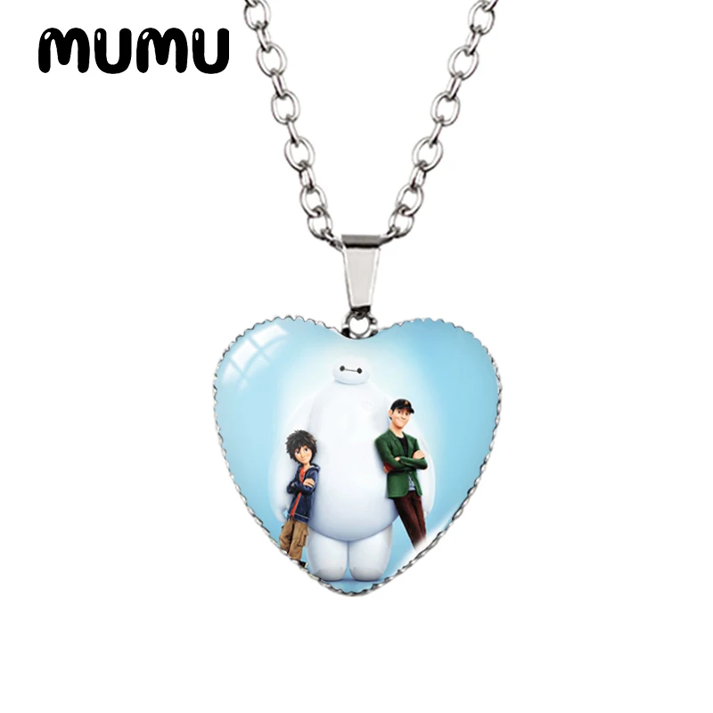 2024 New Big Hero 6 Heart Necklace Baymax Glass Printed Photo Pendant Handmade Jewelry Gifts Children