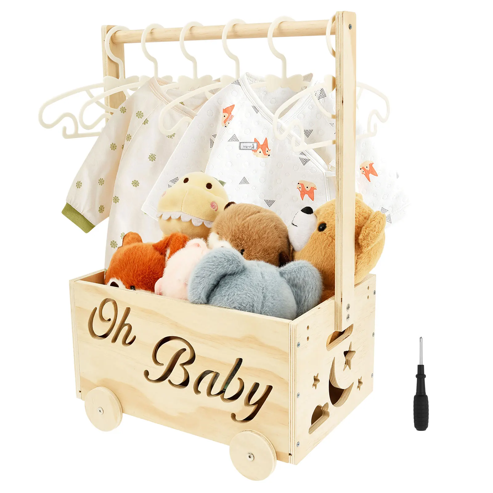 

Wooden Baby Shower Crate Closet with Wheels Creative DIY Baby Shower Present Basket with 6 Hangers for Clothes Toys
