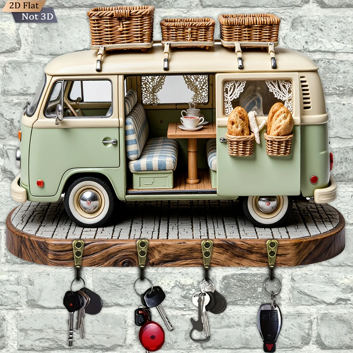 2D flach, 1 Stück, Retro-Van-förmiger Schlüsselhaken aus Holz, multifunktionales Schlüsselregal für Zuhause mit vier Metallhaken, Wanddekoration, Veranda