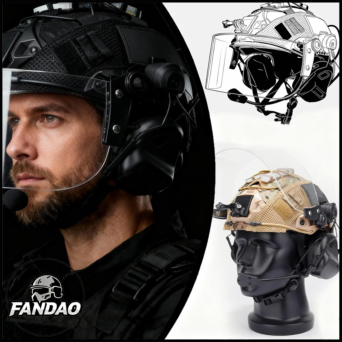 6-in-1 Tactical Military Fast Airsoft Helmet Set with Headset Signal Lights,Outdoor CS Game Paintball Hunting CQB Protective Kit