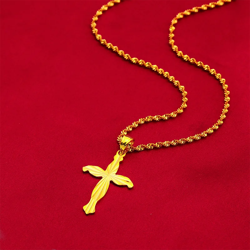 

24K Gold AU999 Cross & Water Wave Necklace Women - Premium gold, cross for protection, wave for softness, fits daily/church wear