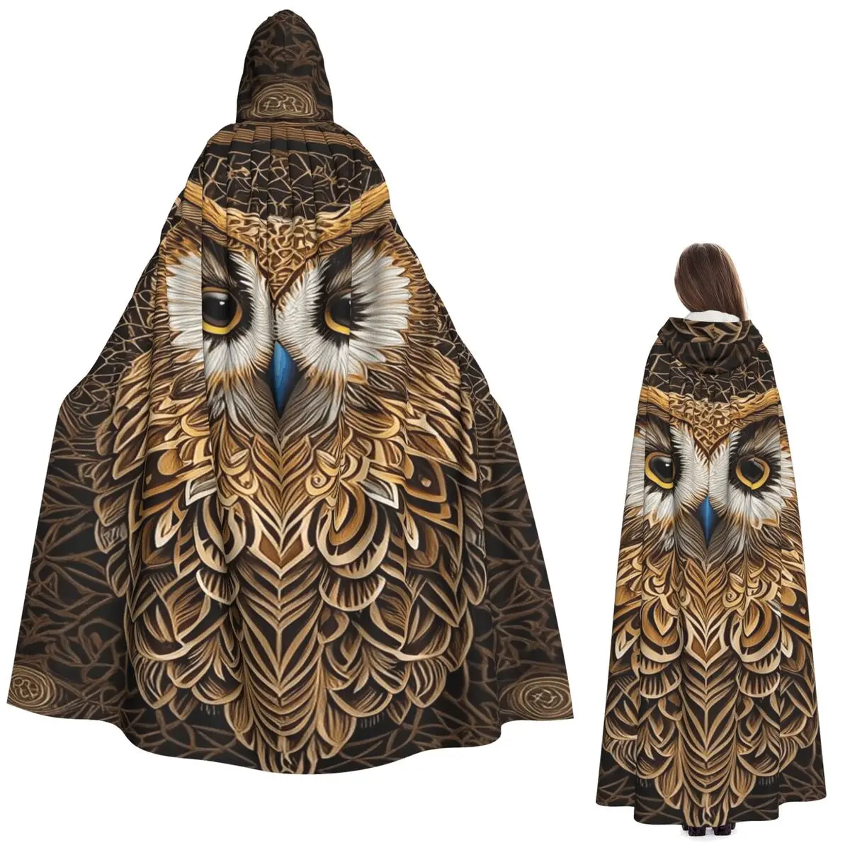

Длинный плащ с капюшоном и принтом совы, средневековый костюм ведьмы, накидка для косплея, накидка на Хэллоуин, вечеринка для взрослых, унисекс