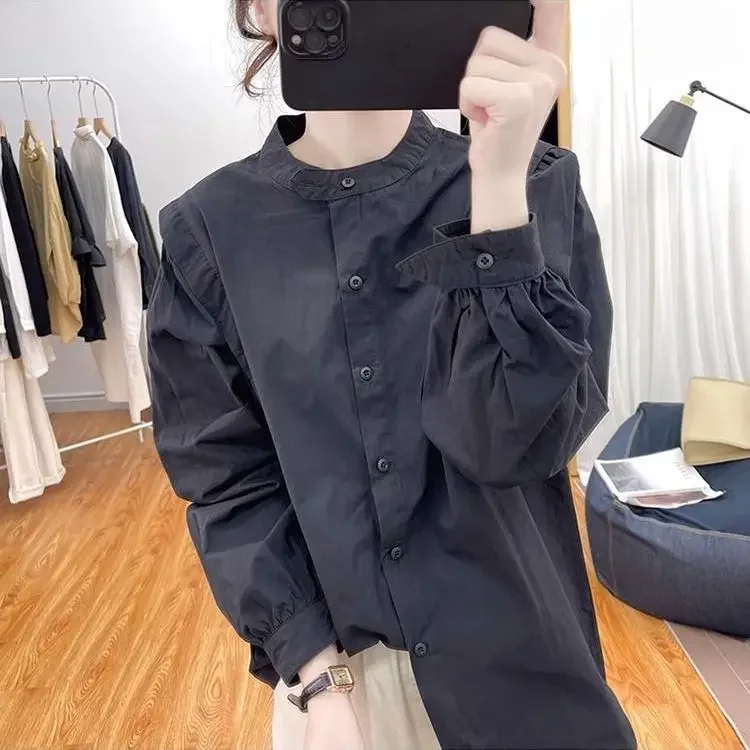 

2024 Autumn New Stand Collar Pure Cotton Lantern Sleeve Long-sleeved Shirt for Women Korean Style Thin Loose Retro Top