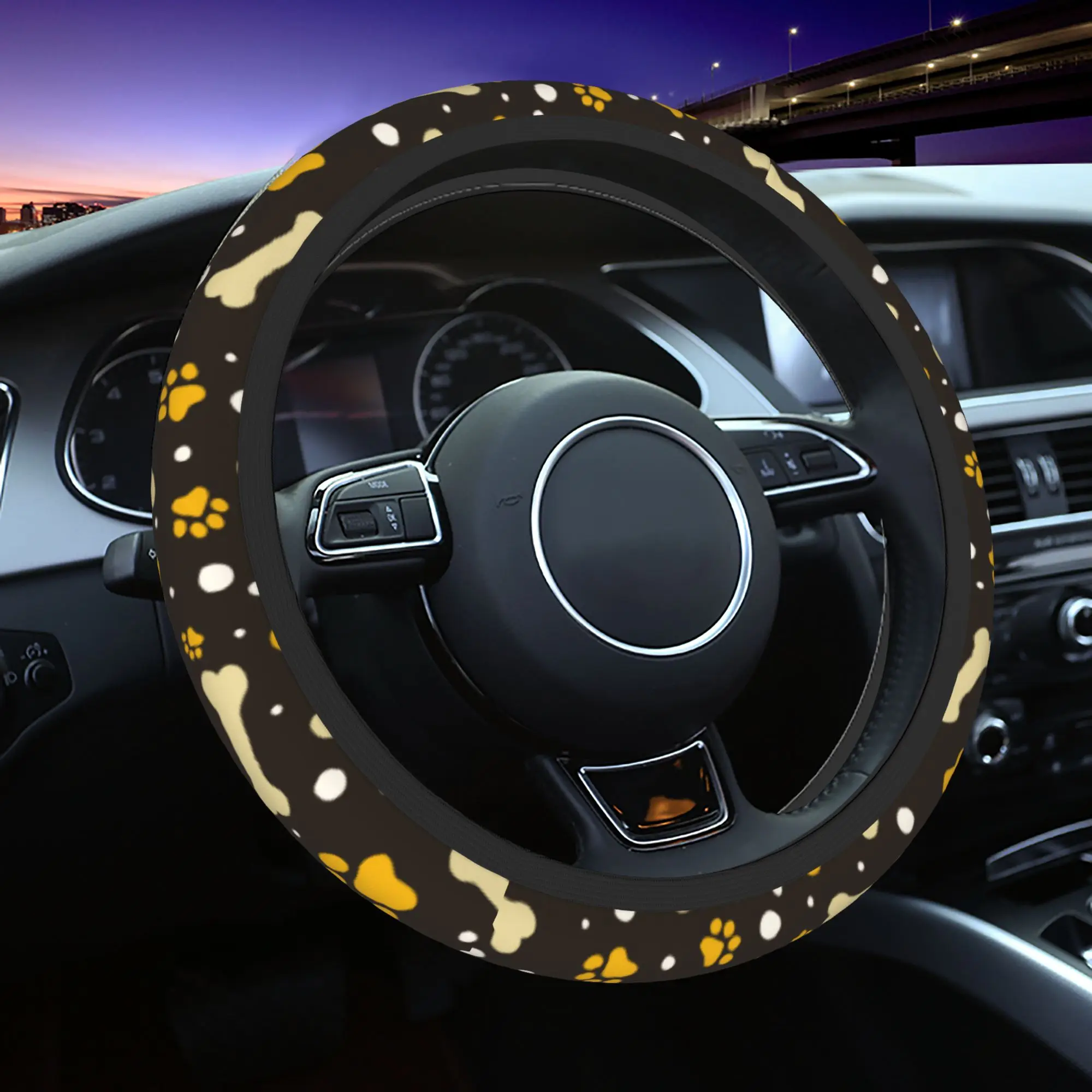 Yellow Dog Paw Print and Bone Car Steering Wheel Cover 38cm Universal Steering Wheel Protective Cover Steering-Wheel Accessories