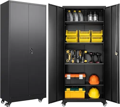 Metal Storage Cabinet with Wheels,75 inch Tall Rolling Garage Storage Cabinet with Lock,Black Metal Cabinets with