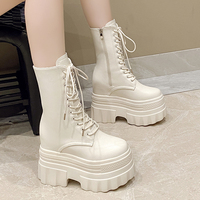 14CM Soft Leather Ankle Mid Calf Boots Winter Autumn High Platform Wedge British Booties Woman  Ladies Chunky Motorcycle Boots