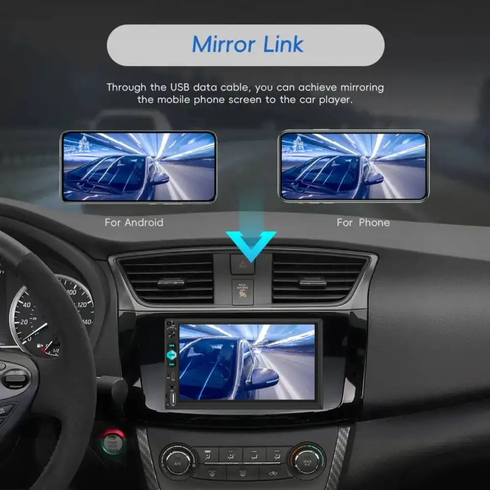 ستيريو سيارة بشاشة لمس 7 بوصة مع كاميرا احتياطية، مدخل سماعة رأس 2 Din، مشغل وسائط متعددة مع وظائف Type-C/FM/USB/AUX SD