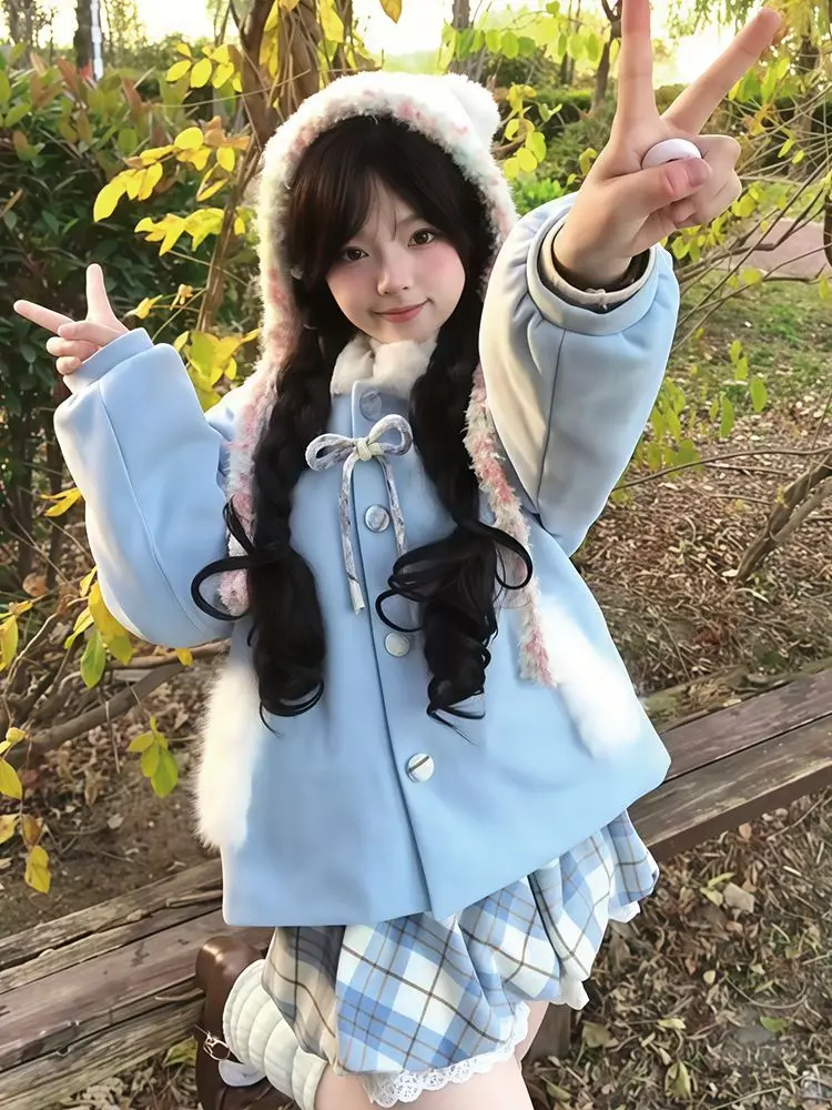 Kawaii 2 Piece Cute Elegant Set Women Hooded Furry Wool Coat High Waist Plaid Skirt Cute Bear Lace Trim Bow Slim Fit Casual 2026