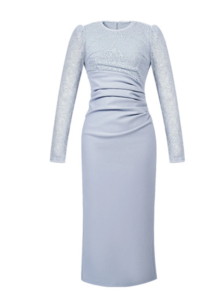 Elegant Fashion Sheer Lace Splice Formal Dress Women's Date Long Sleeve Folds Slim Bodycon Robe Female Business Party Vestidos