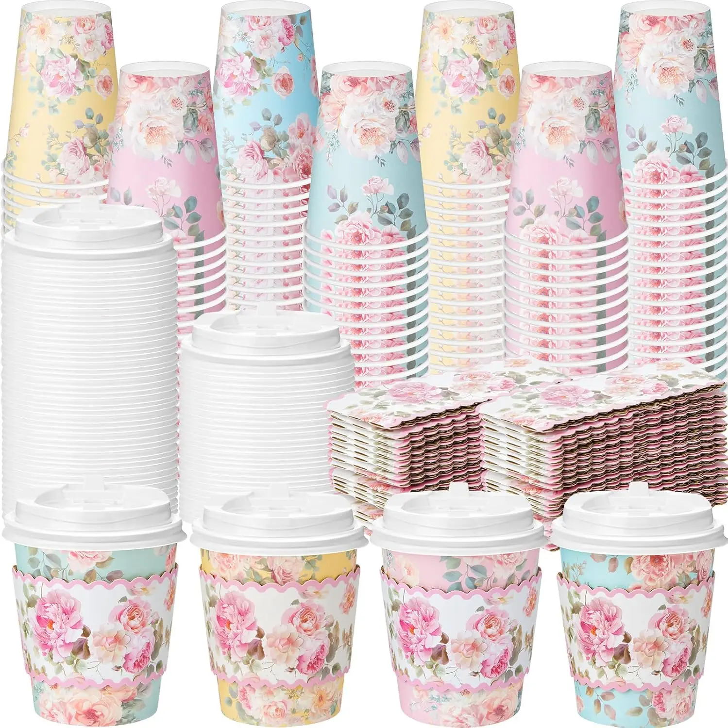 

100 Pcs Floral Paper Coffee Cups with Lids and Sleeves Colorful Flower Design Disposable Coffee Cups for Tea Party Weddi