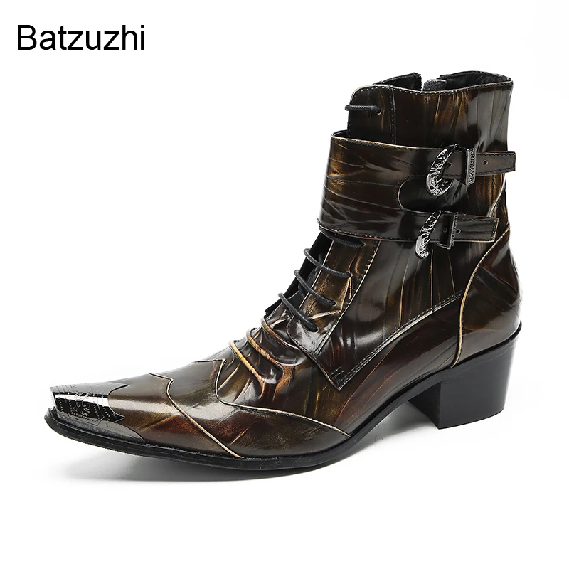 Batzuzhi Italian Type Men's Boots Elegant Bronze Gneuine Leather Ankle Boots Men Metal Toe Lace-up Zip Motorcycle Boots Men