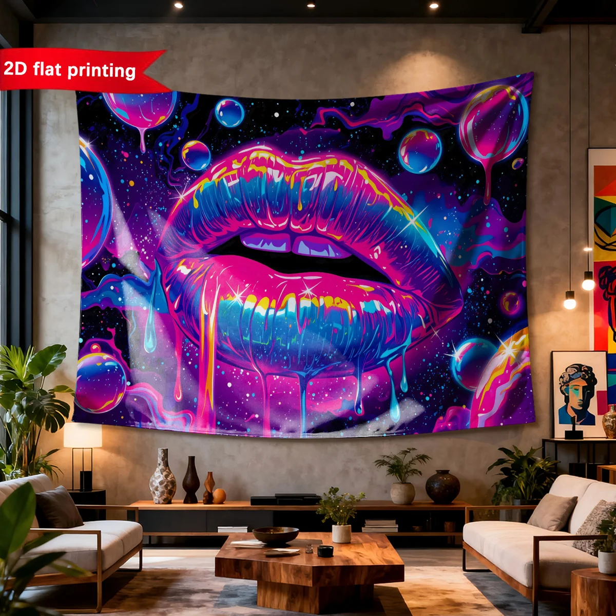 Vibrant Pop Art Galaxy Lips Tapestry Wall Hanging Cosmic Neon Abstract Modern Home Decor Room Decoration Statement Poster Art Ca