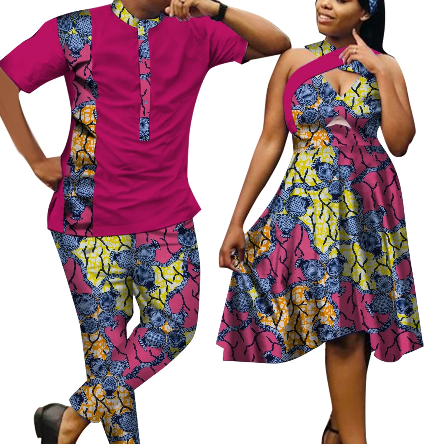 

Одежда для африканских пар, платья для женщин, платье по индивидуальному заказу, восковый хлопок, африканский мужской комплект из топа и брюк, африканская одежда для пар WYQ719