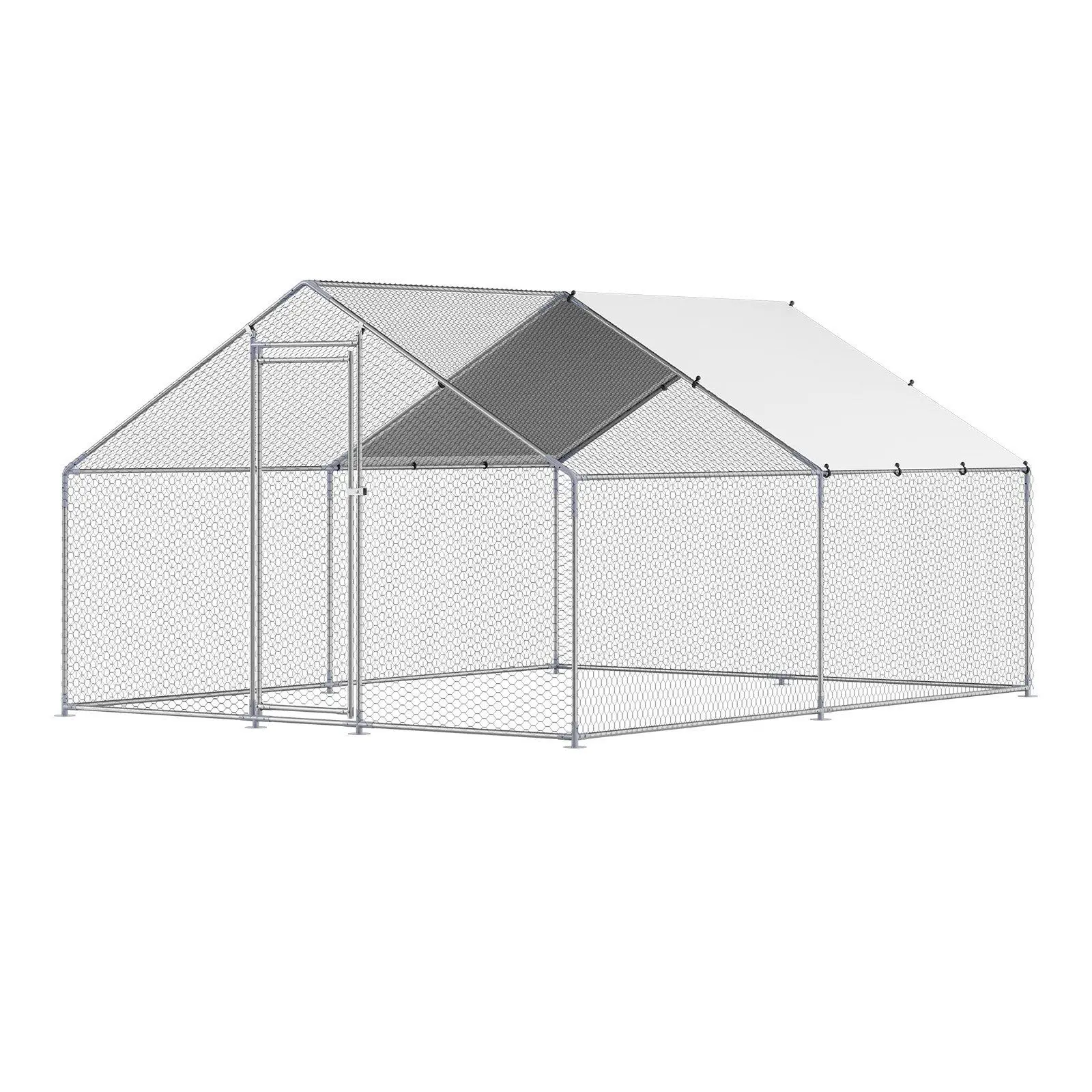 

Weatherproof Chicken Run 9.8x13.1x6.5ft Galvanized Metal Frame Spire Roof PE Canopy Hex Mesh Large Poultry Shelter
