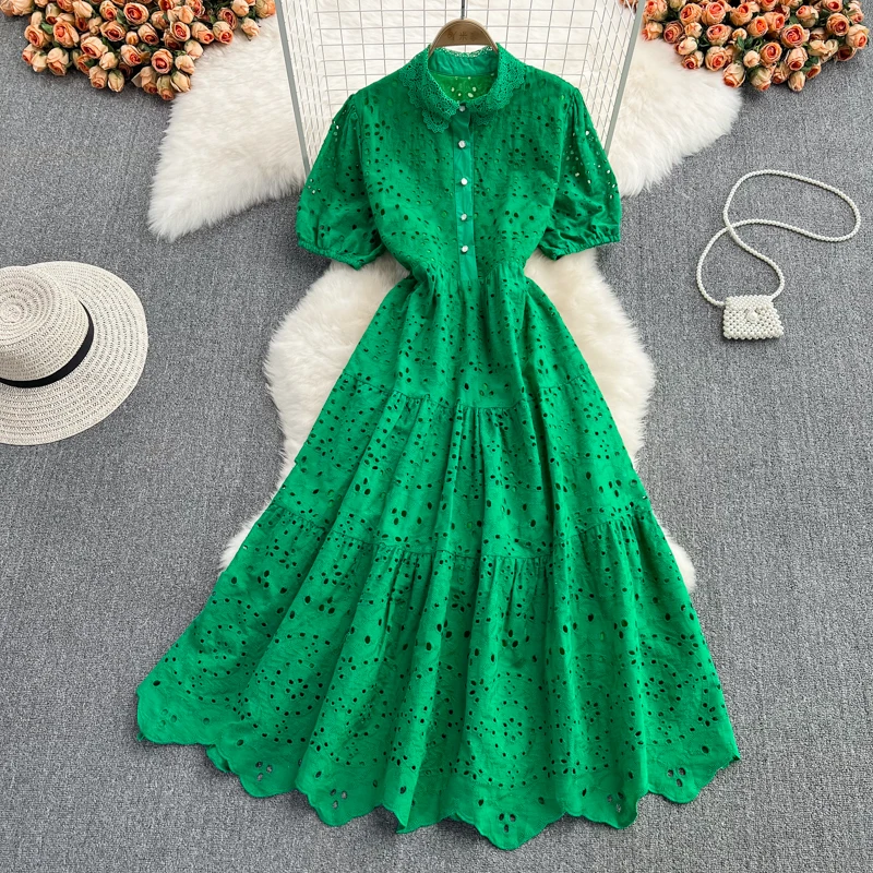 

Peter Pan Collar Puff Sleeve Hollow Out Dresses Y2k Korean Fashion Spring Summer Vestidos De Mujer Chic Buttons Slim Robe Femme