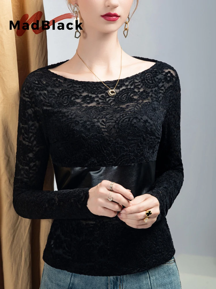 

MadBlack-Women European T-Shirt, Sexy O Neck Lace PU Patchwork, Streetwear Long Sleeve Slim S-3XL Tee, 2025 Winter New T5D161CC