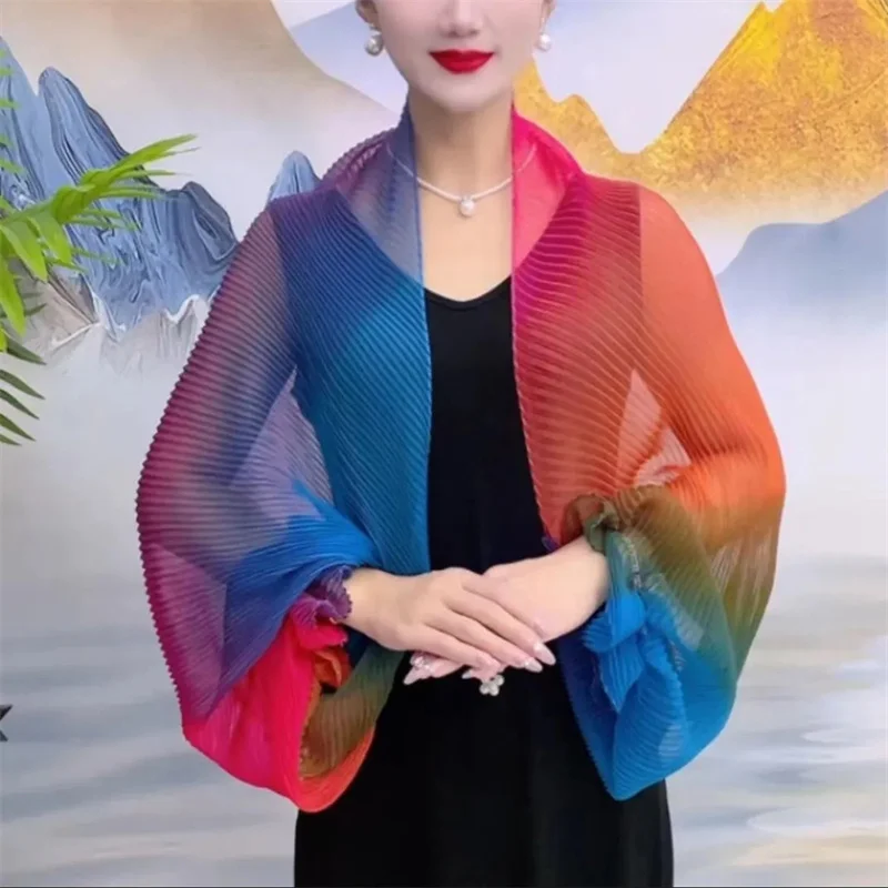 2024 New Women's Summer Versatile Fashion Coat Rainbow Soft Yarn Sunscreen Outward Travel Shawl Outerwear Sunscreen Clothing