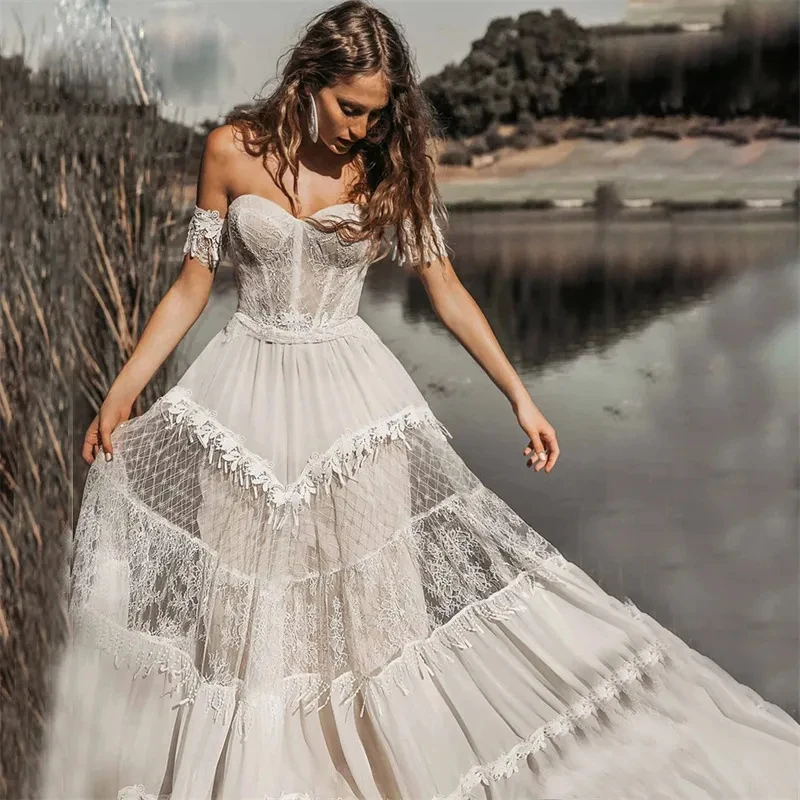 Bridal Wedding Dresses A-line Cold Shoulder Boat Neck Bohemian Style Beach Dresses for Party Ball-Gown