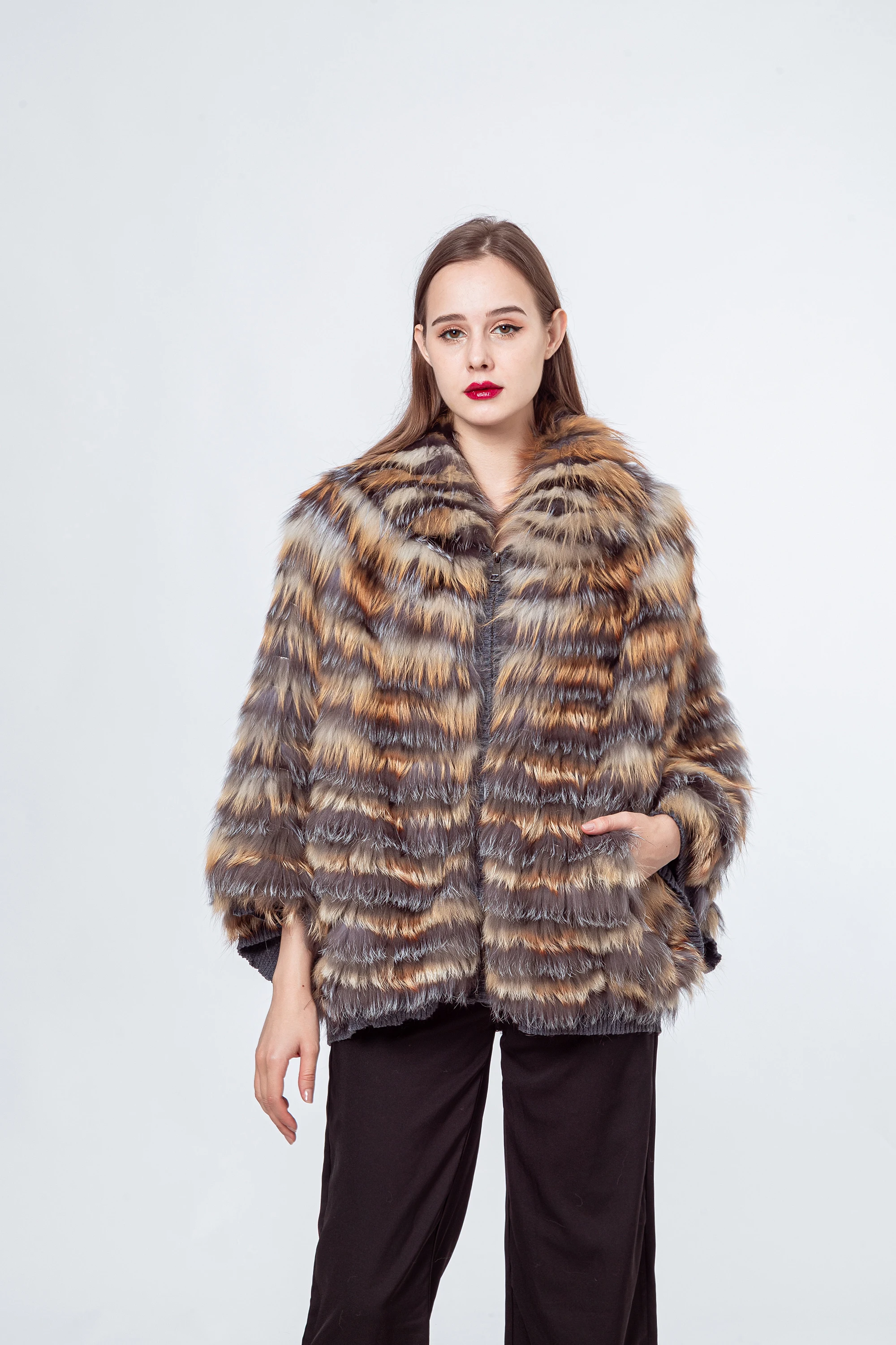 シルバーフォックスファーストライプコート、大きなカフス付き、本物、210727