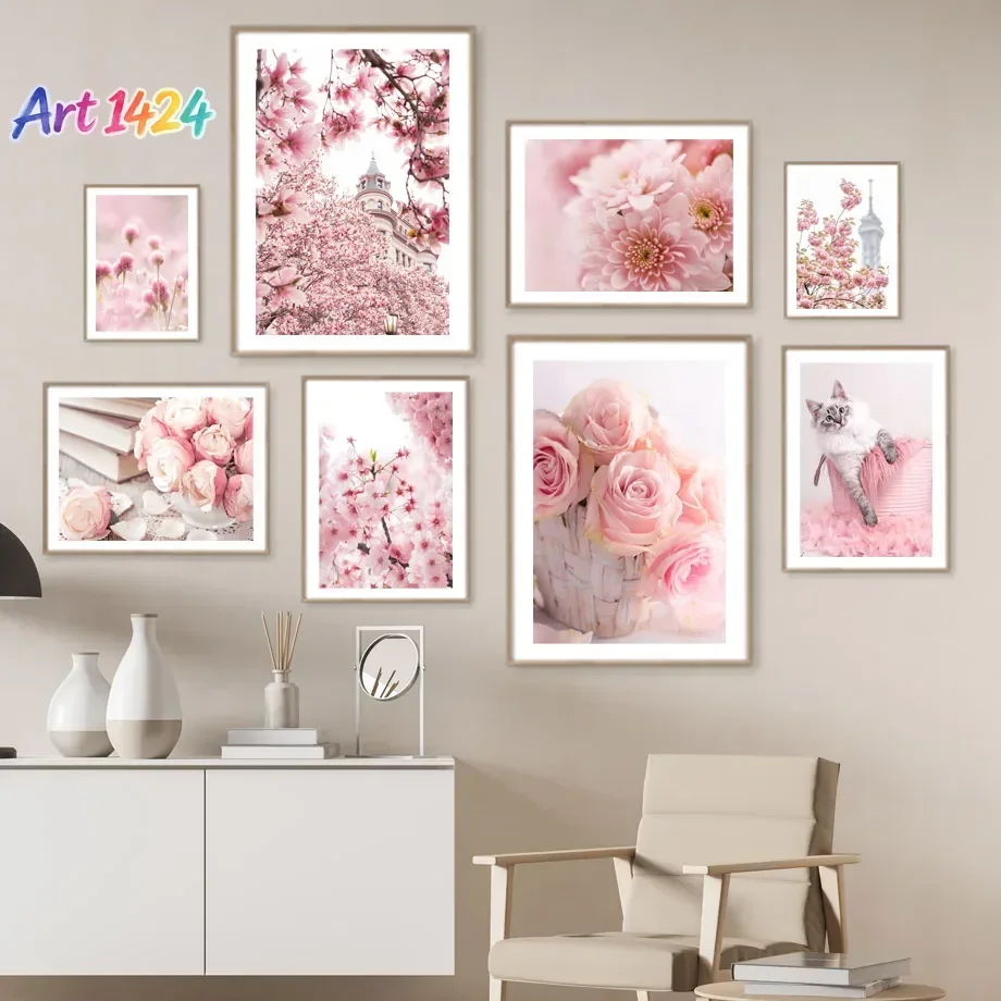 1pc frameless Canvas painting Pink Paris Spring Sakura Peony Rose Scape Wall Art Pictures Canvas Painting Flower Posters And