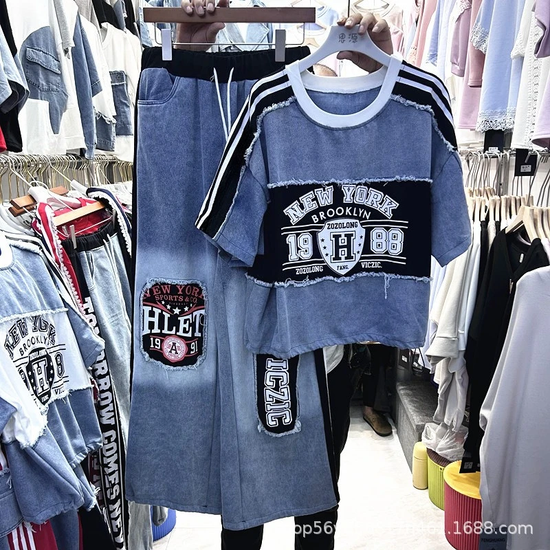 Fashionable Women Two-piece Sets Denim Splicing Letters Printed Loose Short Sleeve T-shirt Top+Elastic High Waist Straight Jeans