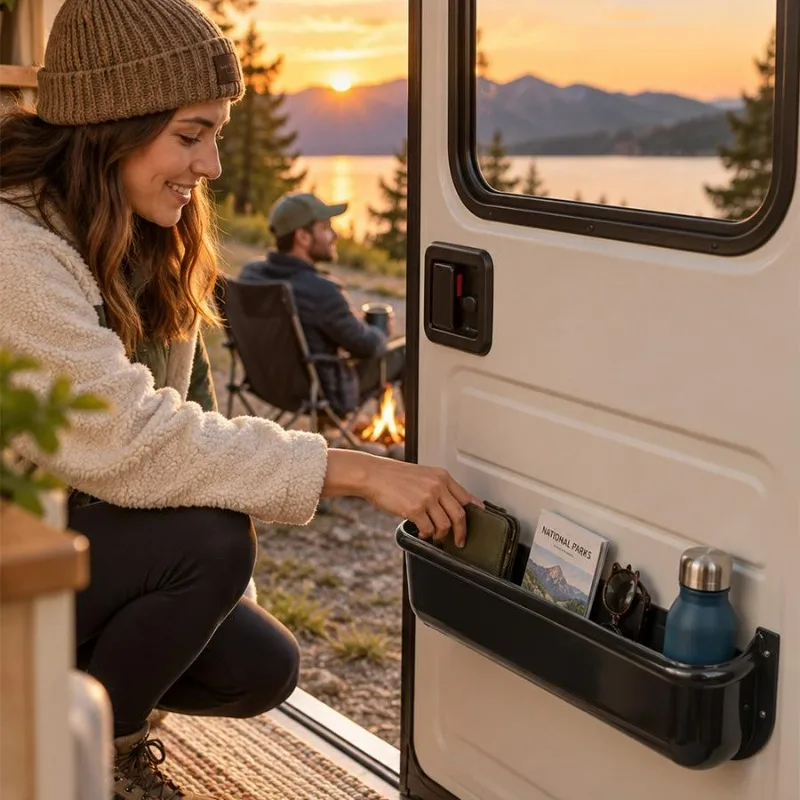 RV Door Storage Box Large Capacity Wall Mount Interior Organizer Sturdy ABS Pocket Tray For Camper Caravan Motorhome Drink Rack