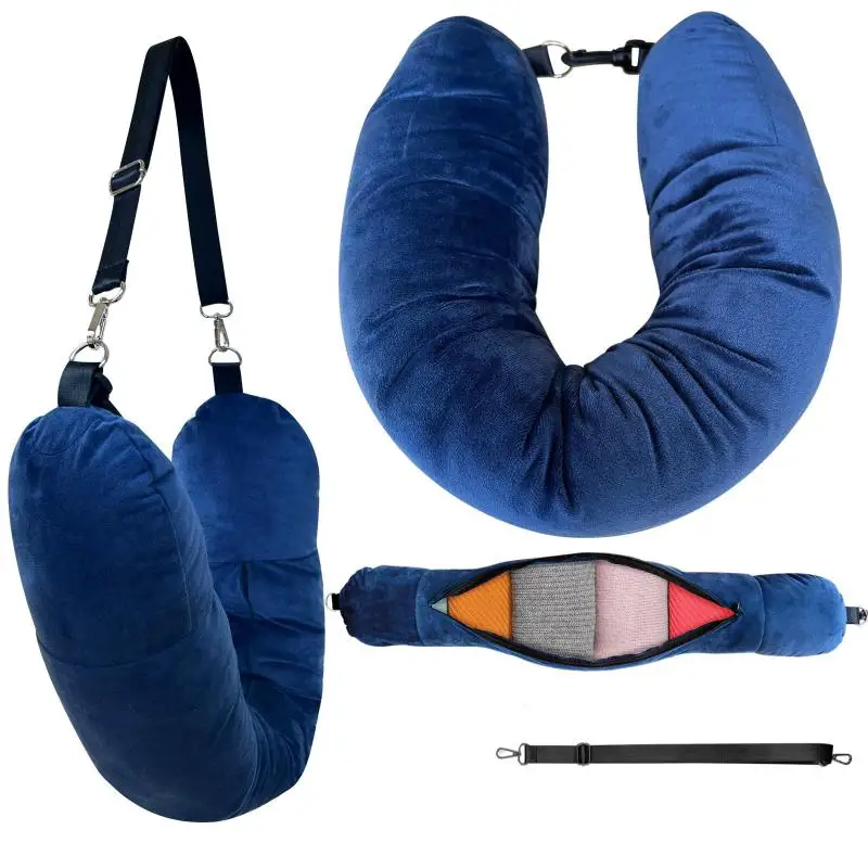 U-Shaped Fillable Travel Neck Pillow 2-in-1 Clothes Storage Neck Cushion for Airplane Travel Portable Washable Pillowcase Bag