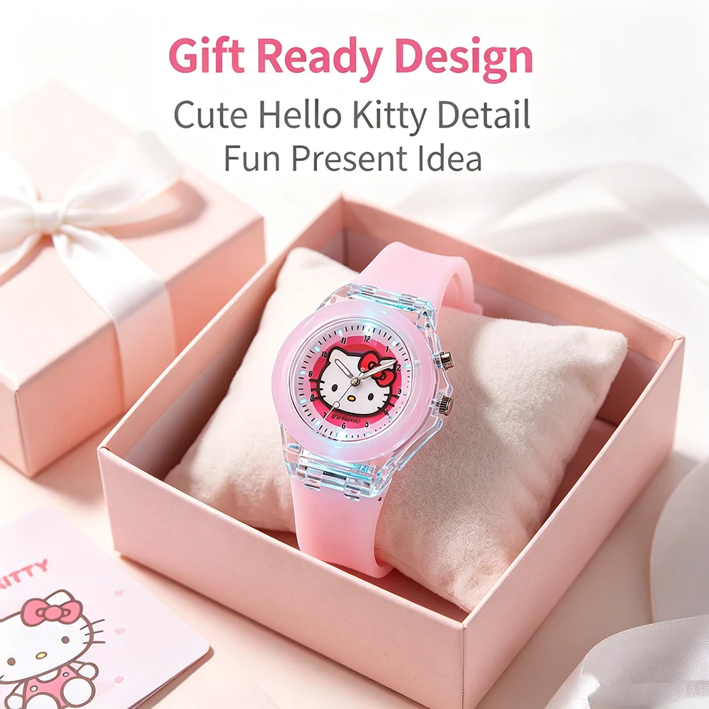 Flash Light Hello Kitty Girls Watches Kids with Transparent Glowing Case Soft Silicone Strap Sports Children Watch Students Gift