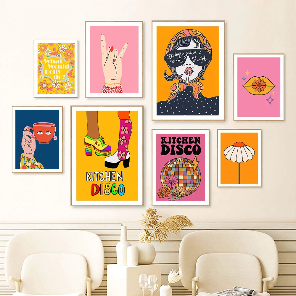 Pintura en lienzo para pared de mujer, carteles nórdicos e impresiones de imágenes de pared para decoración para sala de estar, gesto de copa divertida de discoteca abstracta