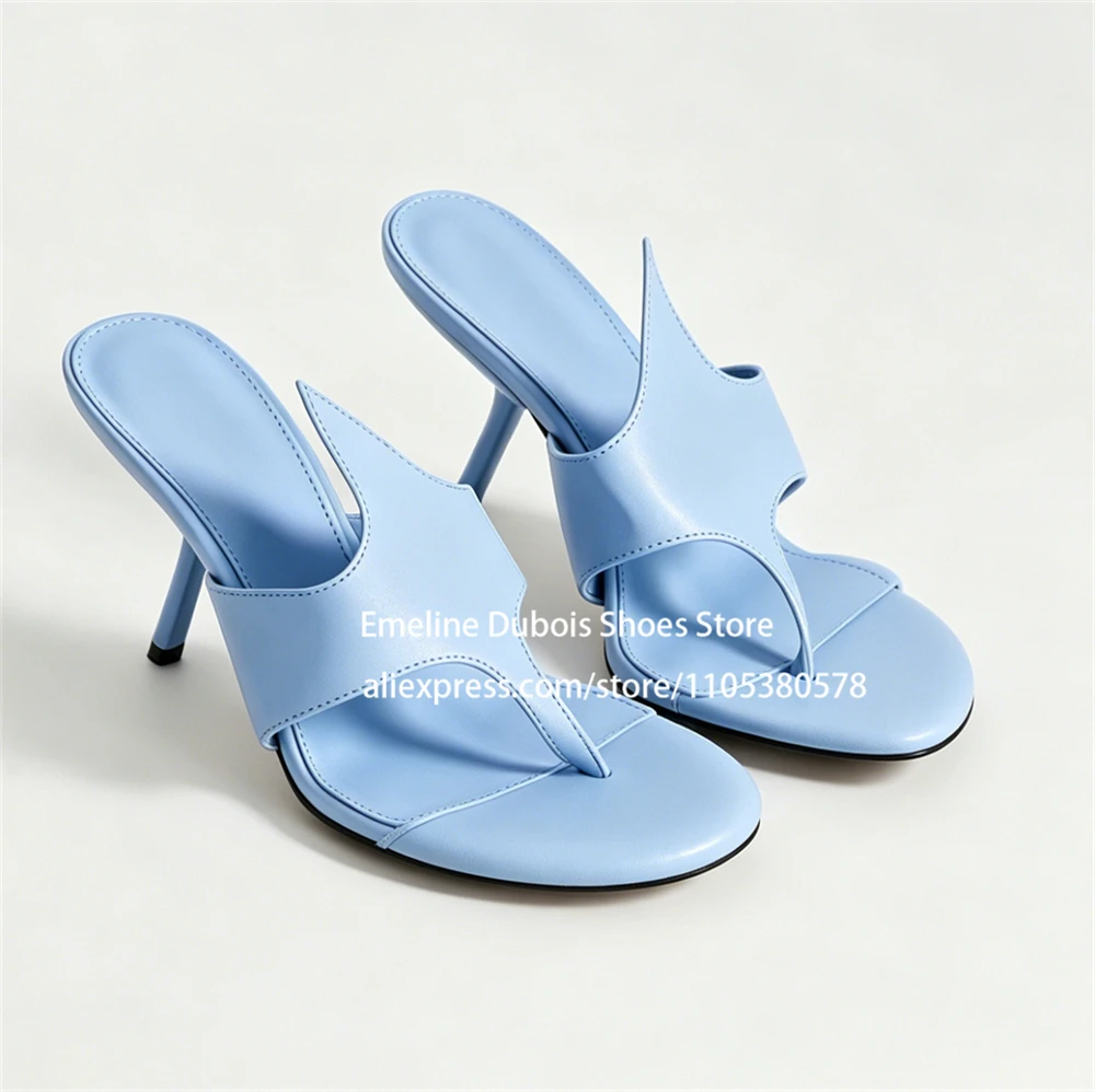 Light Blue Angular Thong High Heel Sandals Round Toe Cutout Slip on Chic Stilettos Mules Daily Party Fashion Women Summer Shoes