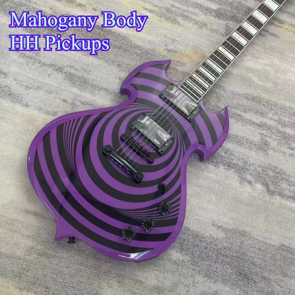 Purple Black Swirl Pattern Electric Guitar Mahogany Body Rosewood Fingerboard HH Pickups Heavy Metal Rock Stage Guitar