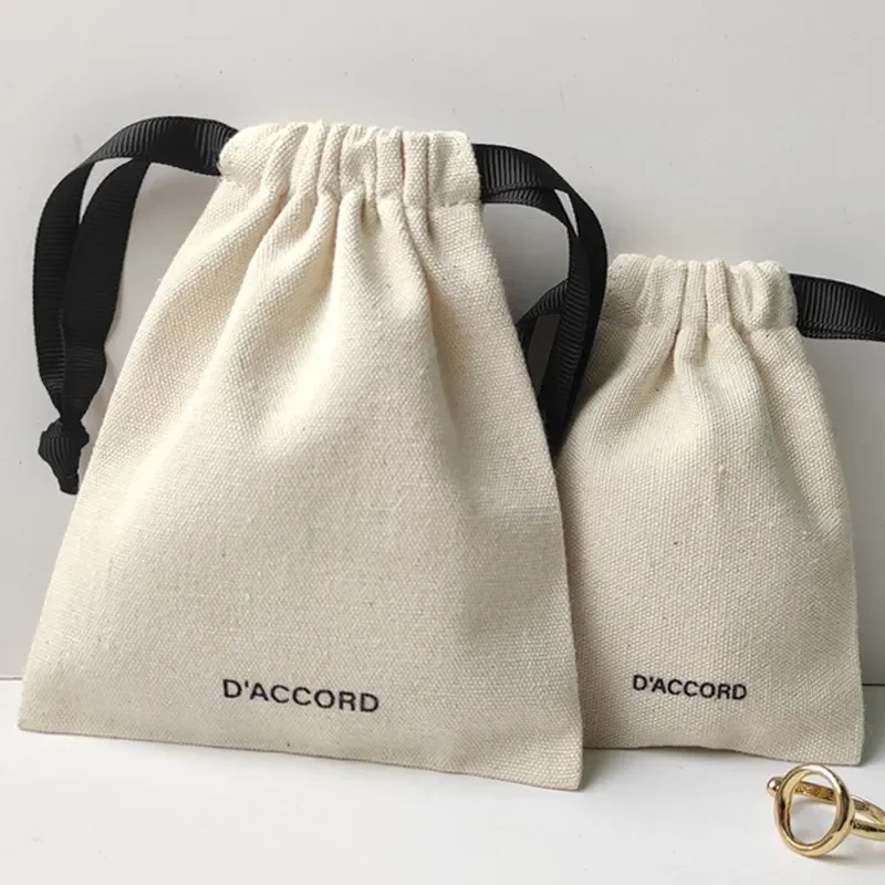 100pcs/Lot Wholesale Custom Logo White Earring Cellphone Cotton Bag With Ribbed Band Makeup Linen Jewelry Cotton Pouch Packaging