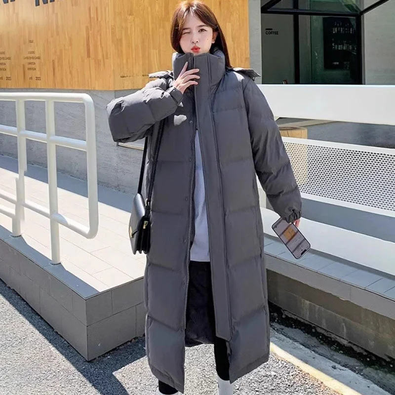 Women\'s Winter Down Jacket Puffer Coats Simple Solid Color Casual Outerwears Windproof Thickened Snow Wear Long Coats Down