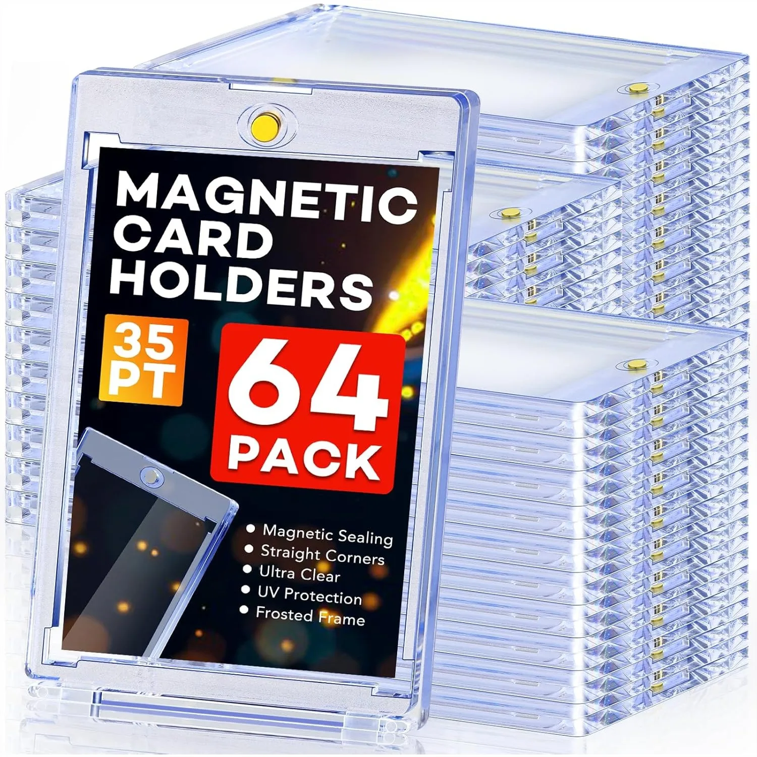 

64 Ct Magnetic Card Holders 35pt One Touch U V Protection Hard Plastic Case For Trading Cards Display Case For Sports Baseball Football Game Cards