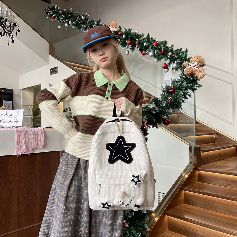Star Patch Decor Unisex Backpack Large Capacity Nylon Student School Bag Laptop Daypack For Travel Study Daily Outdoor Use