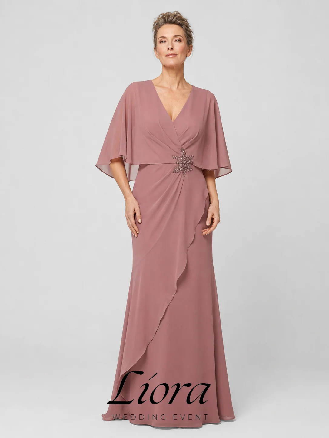 Liora Customized Dusty Rose Chiffon Mother Of The Bride Dresses V-Neck Cape Sleeve Beaded Floor-Length Formal Wedding Guset Gown